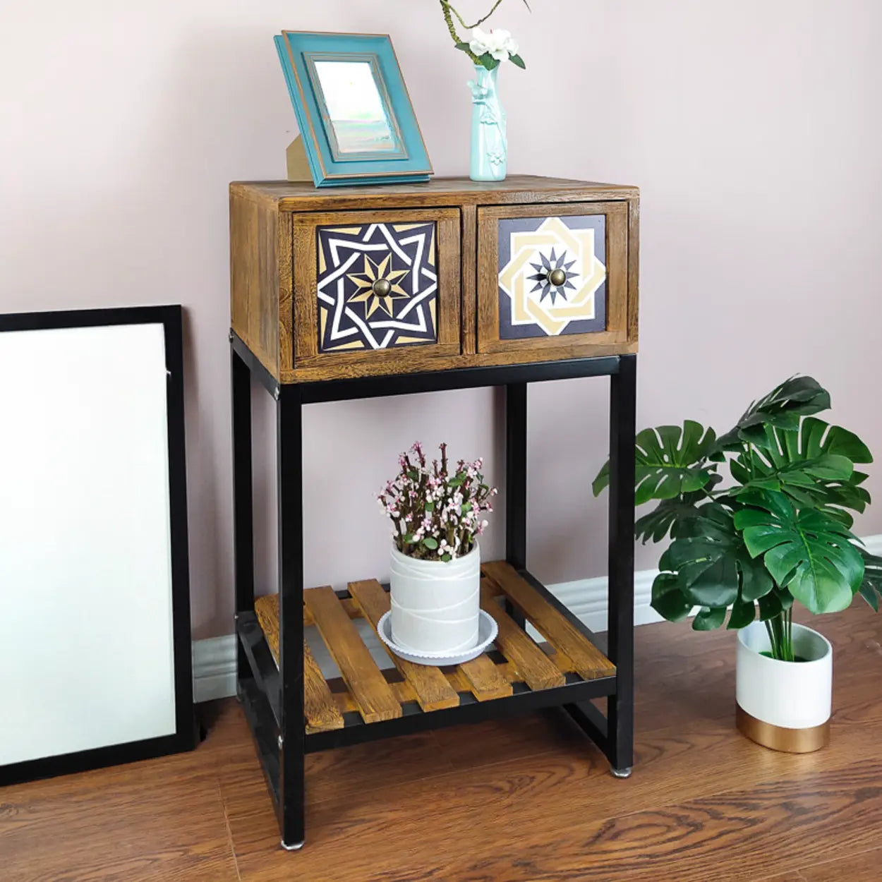 Decorative Geometric Brown Wood Storage Console Table