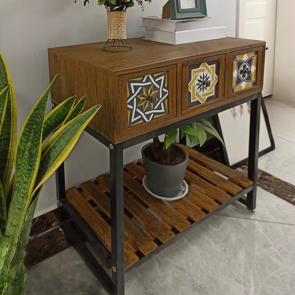 Decorative Geometric Brown Wood Storage Console Table