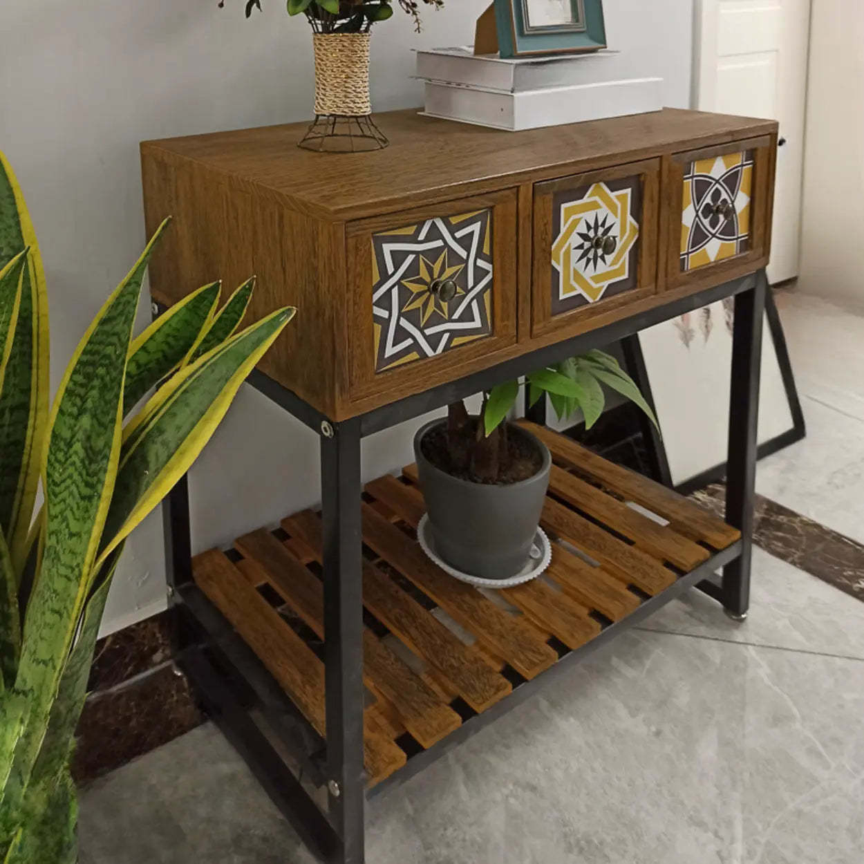 Decorative Geometric Brown Wood Storage Console Table