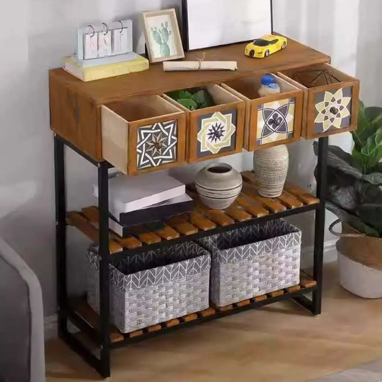 Decorative Geometric Brown Wood Storage Console Table