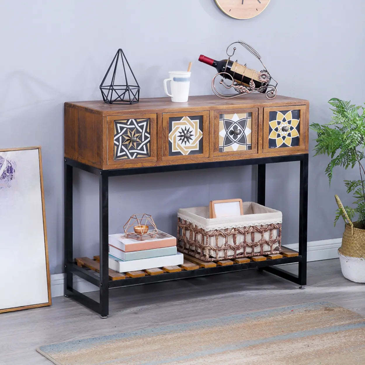 Decorative Geometric Brown Wood Storage Console Table