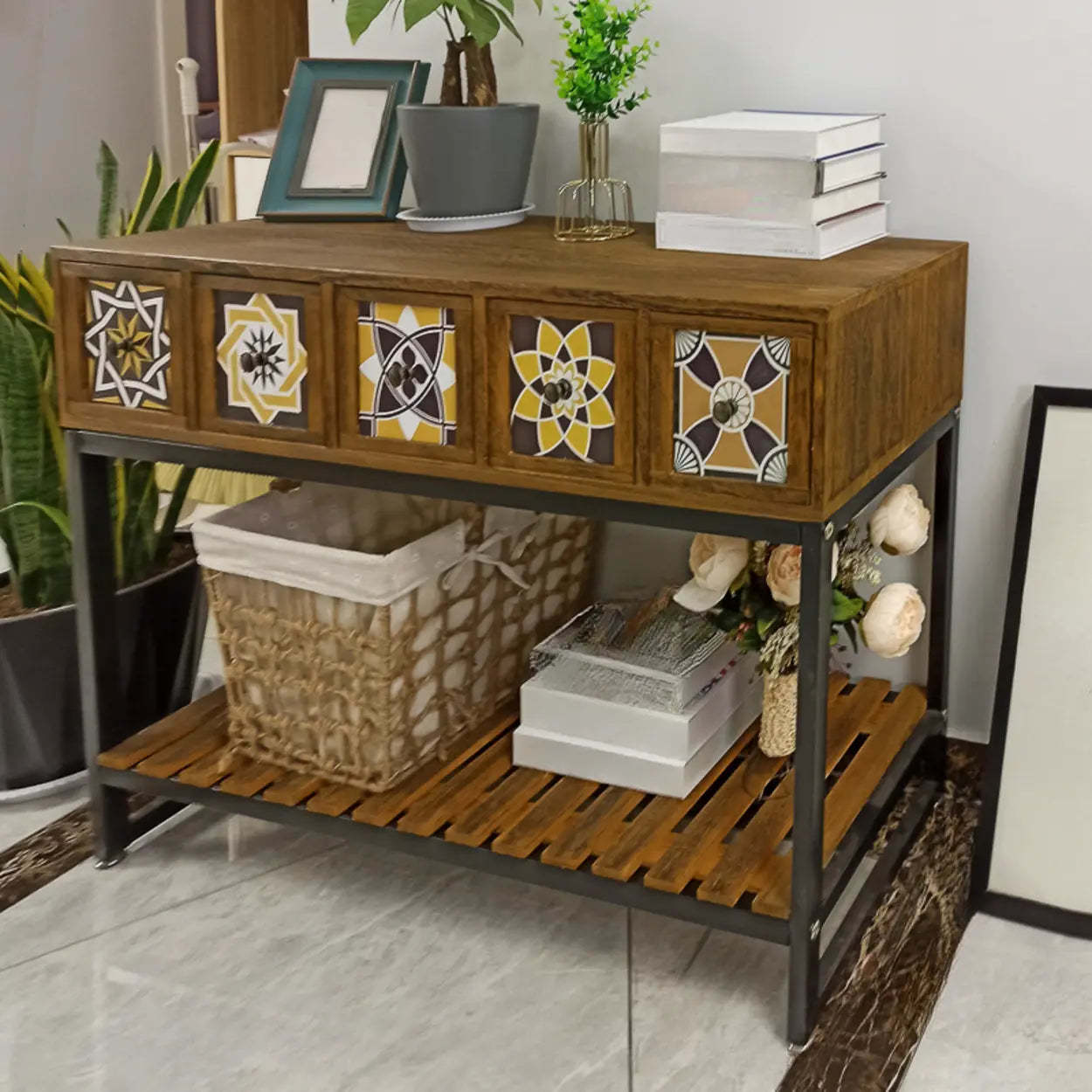 Decorative Geometric Brown Wood Storage Console Table