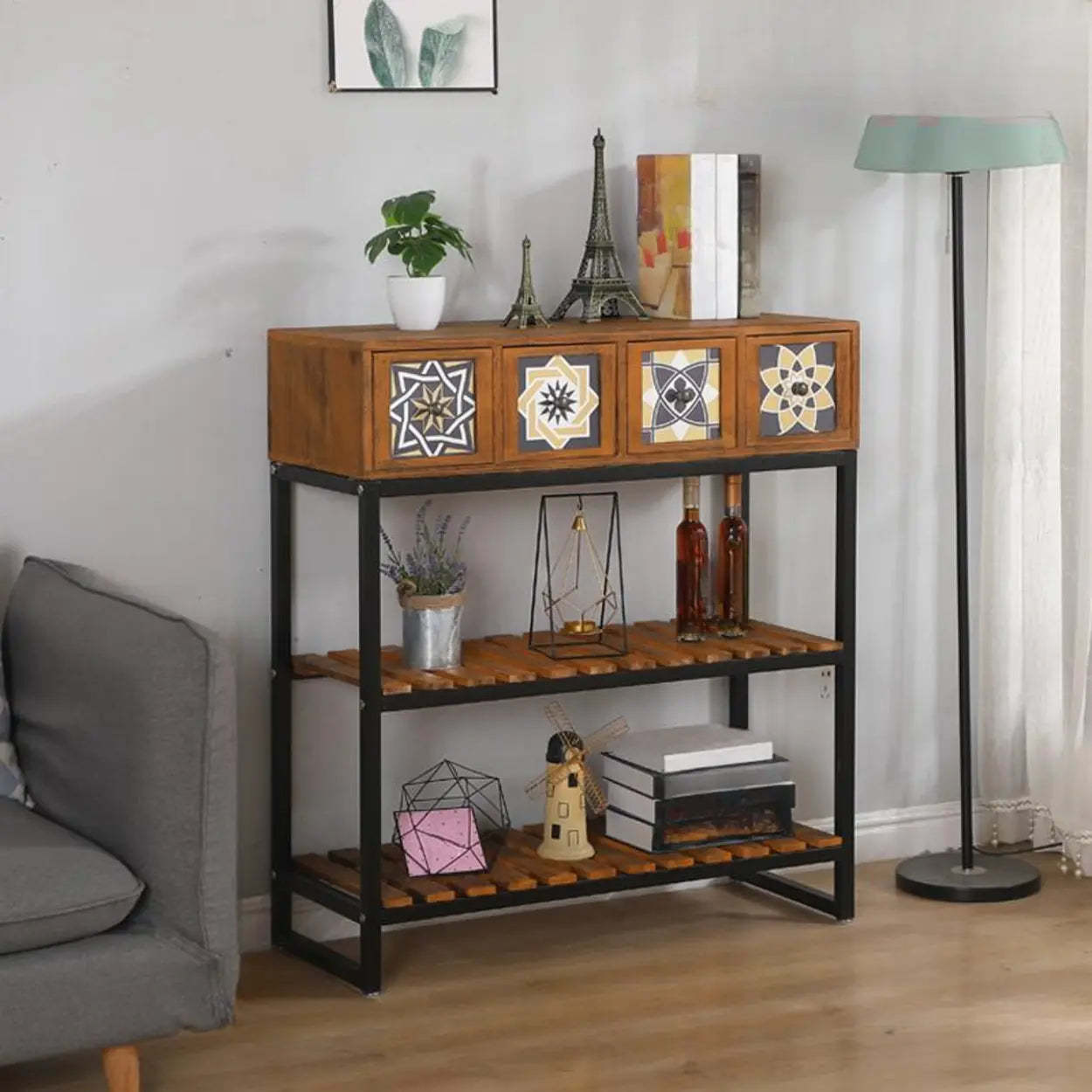 Decorative Geometric Brown Wood Storage Console Table