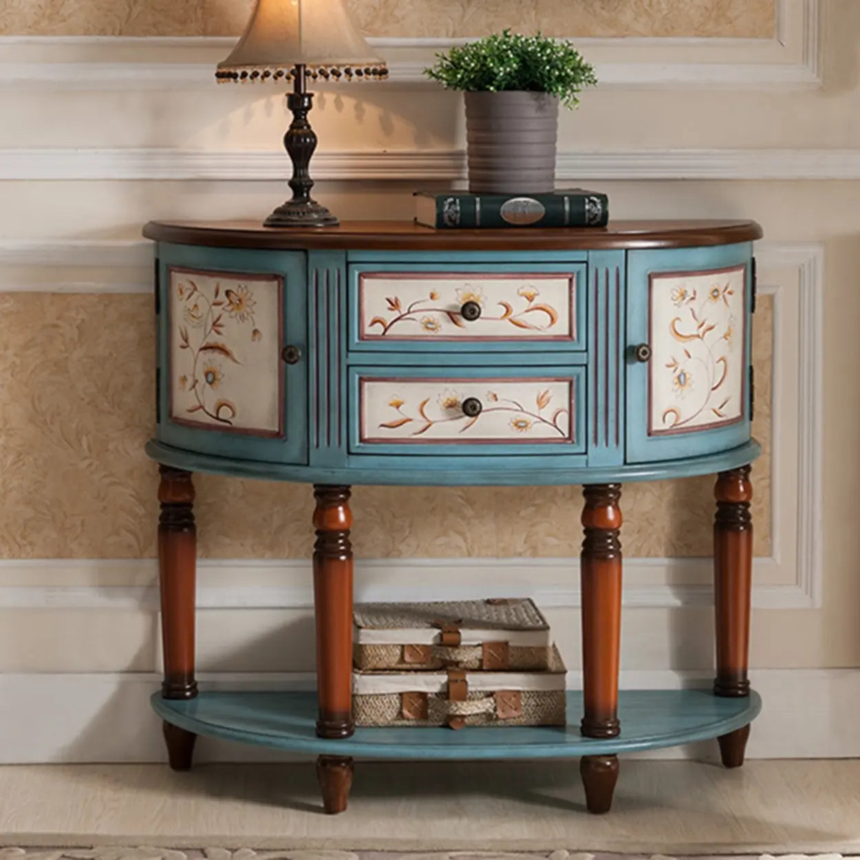 Half-Circle Wood Storage Console Table