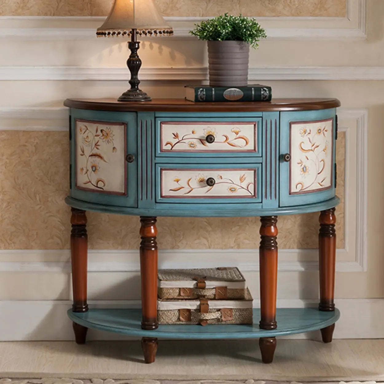 Half-Circle Wood Storage Console Table — White