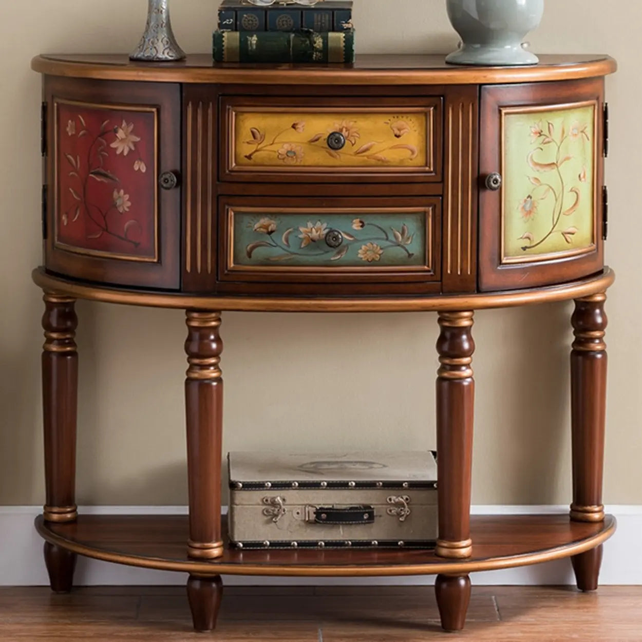 Half-Circle Wood Storage Console Table