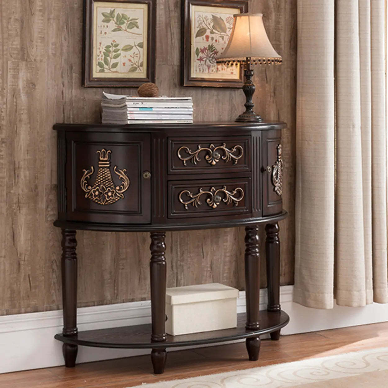 Half-Circle Wood Storage Console Table — Brown