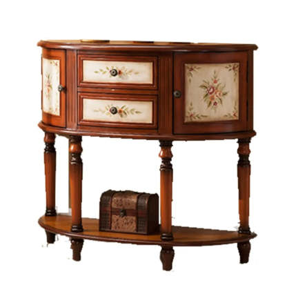 Half-Circle Wood Storage Console Table — Brown/ White