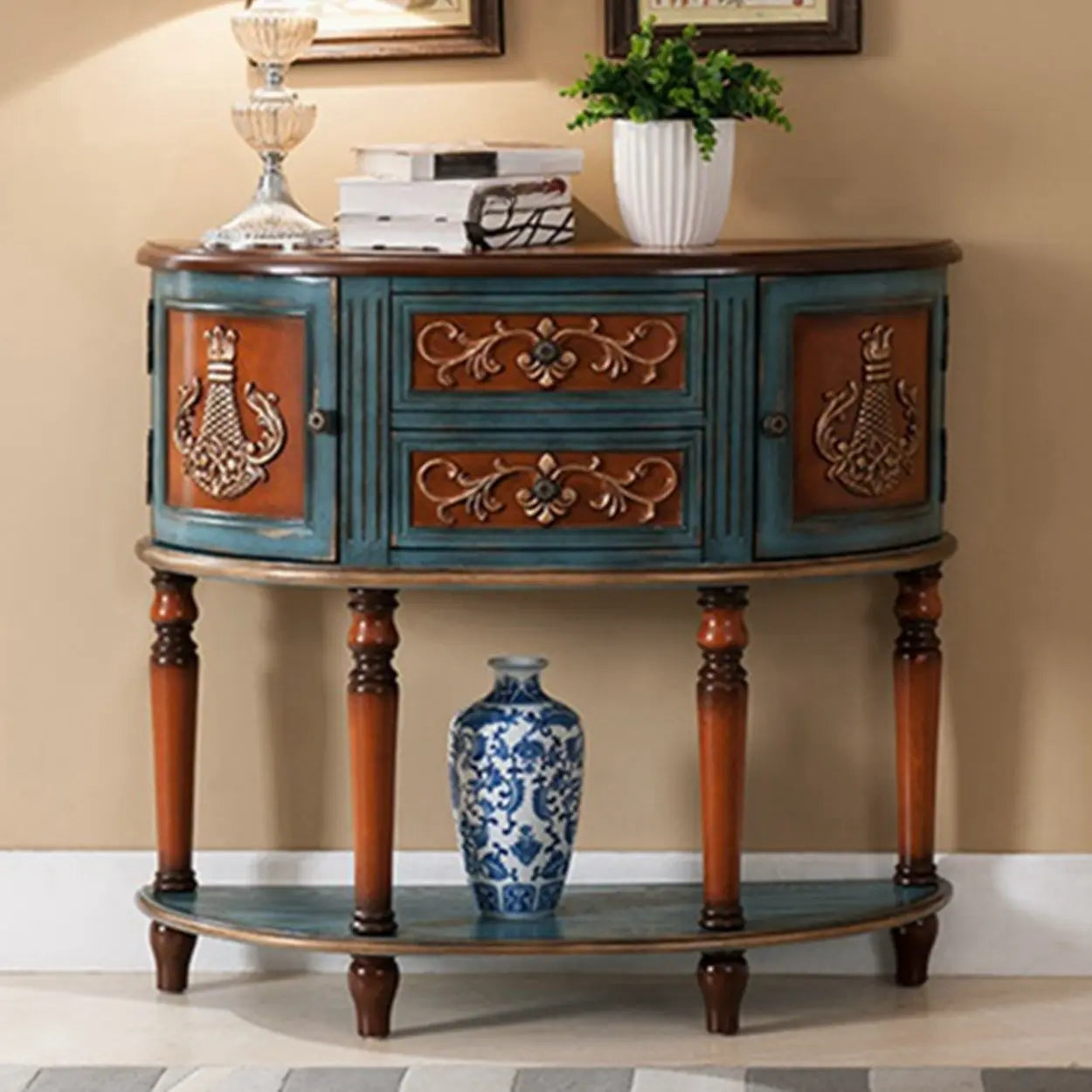 Half-Circle Wood Storage Console Table — Brown-Blue