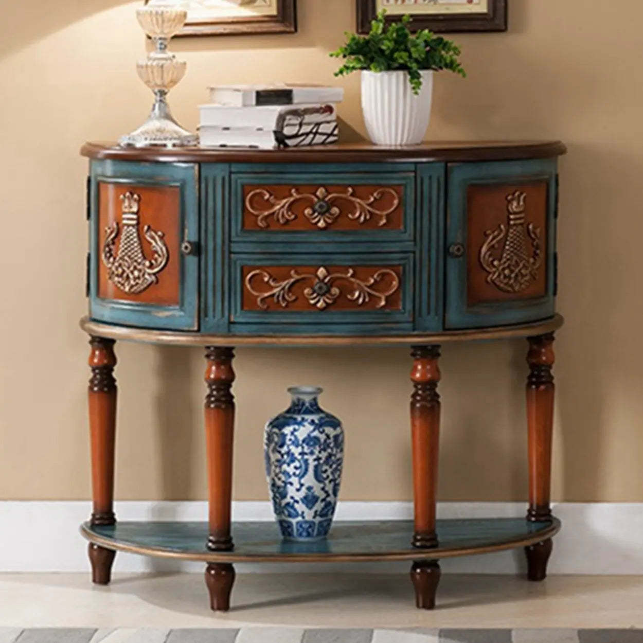 Half-Circle Wood Storage Console Table — Brown-Blue