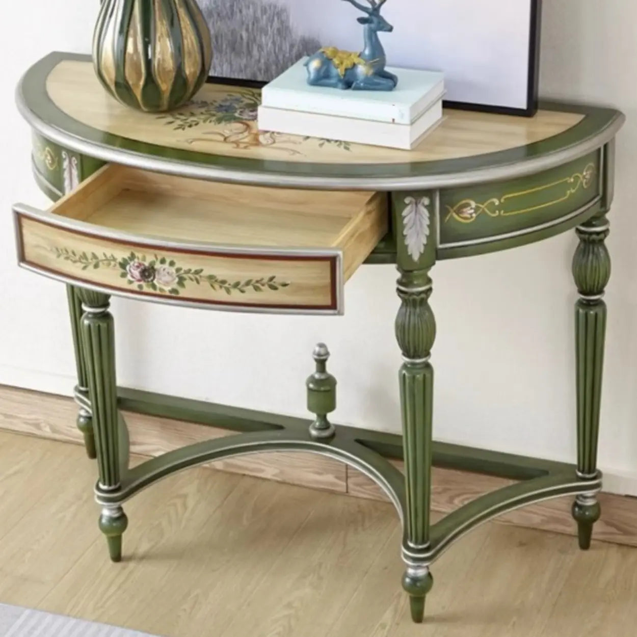 Decorative Half-Moon Floral Green Console Table with Storage