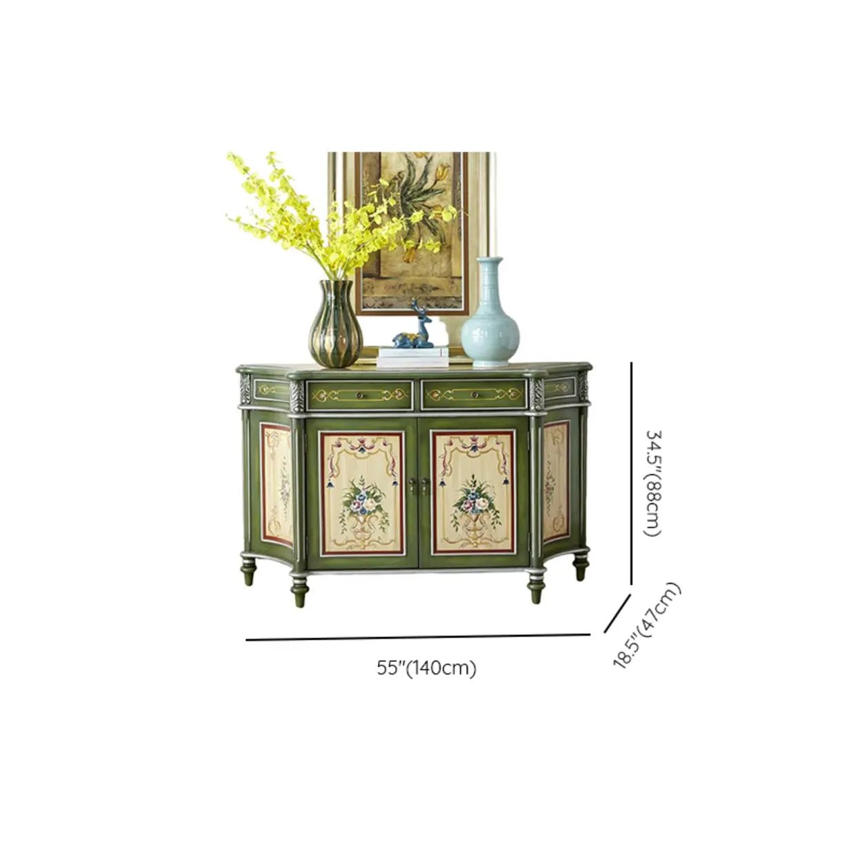 Decorative Half-Moon Floral Green Console Table with Storage