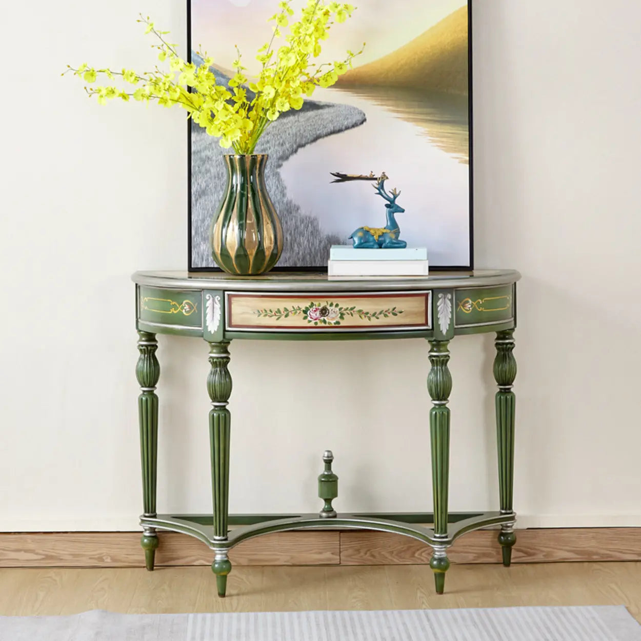 Decorative Half-Moon Floral Green Console Table with Storage