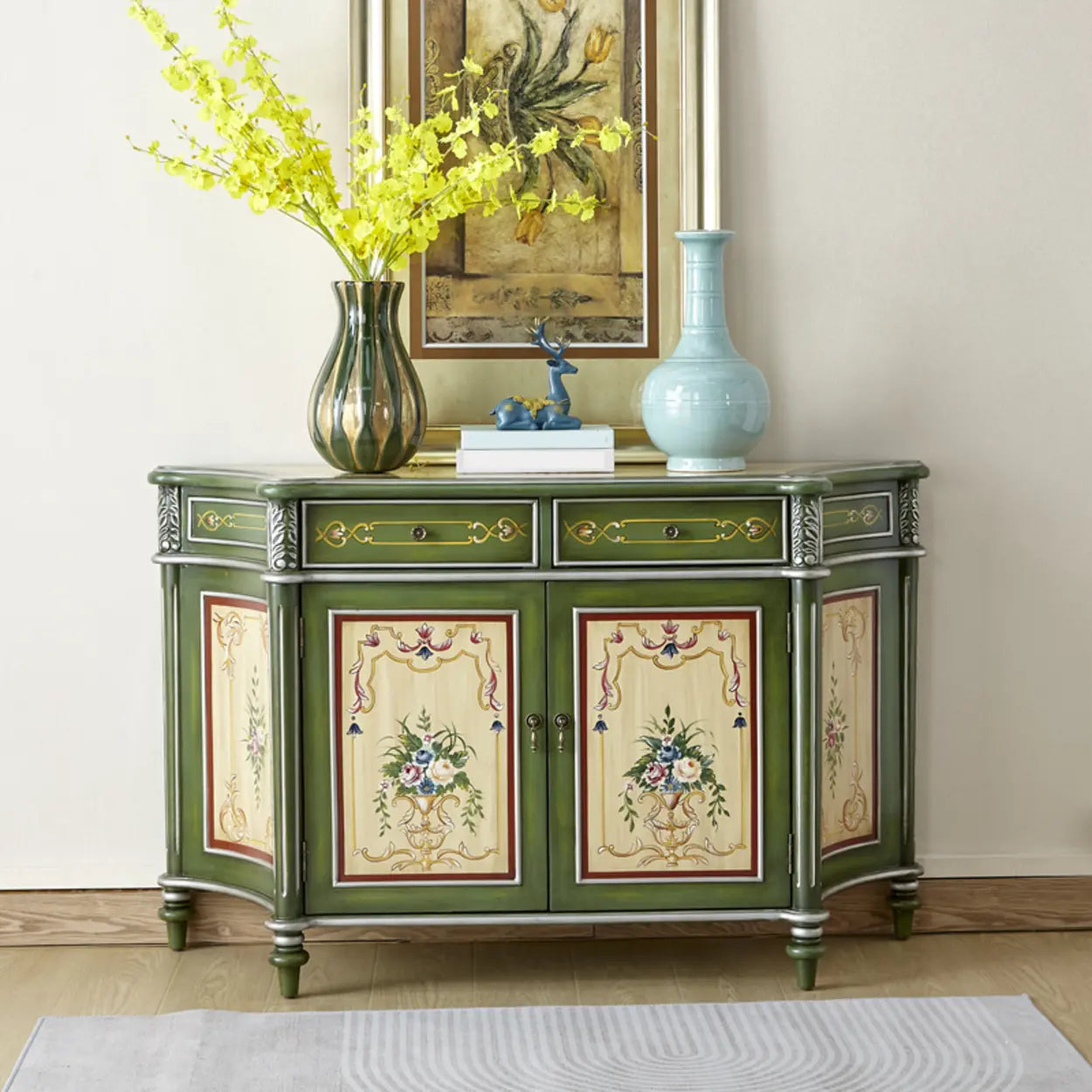 Decorative Half-Moon Floral Green Console Table with Storage