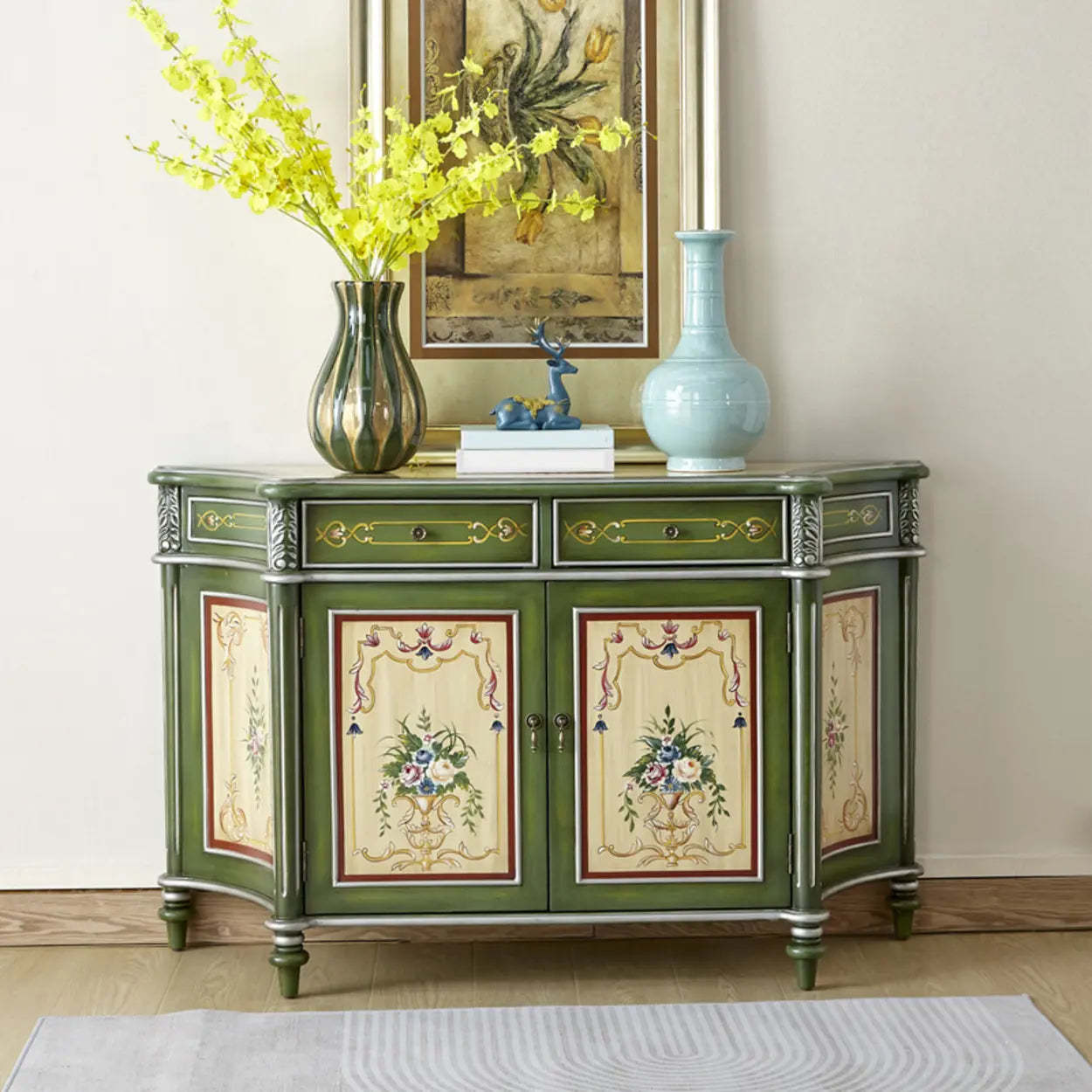 Decorative Half-Moon Floral Green Console Table with Storage