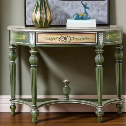 Decorative Half-Moon Floral Green Console Table with Storage