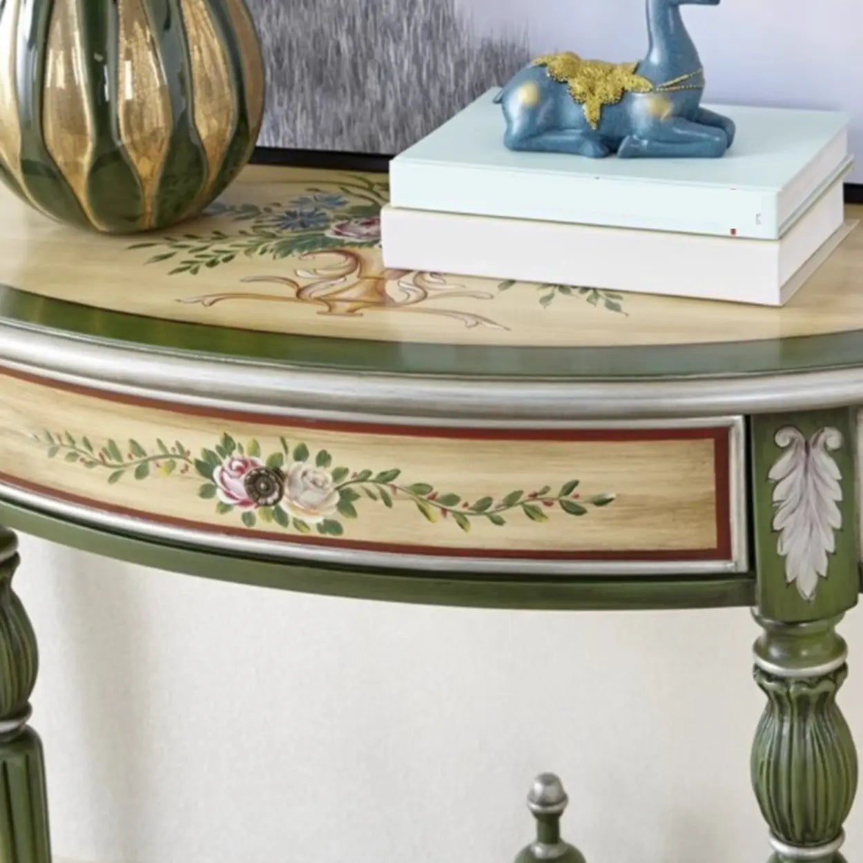 Decorative Half-Moon Floral Green Console Table with Storage