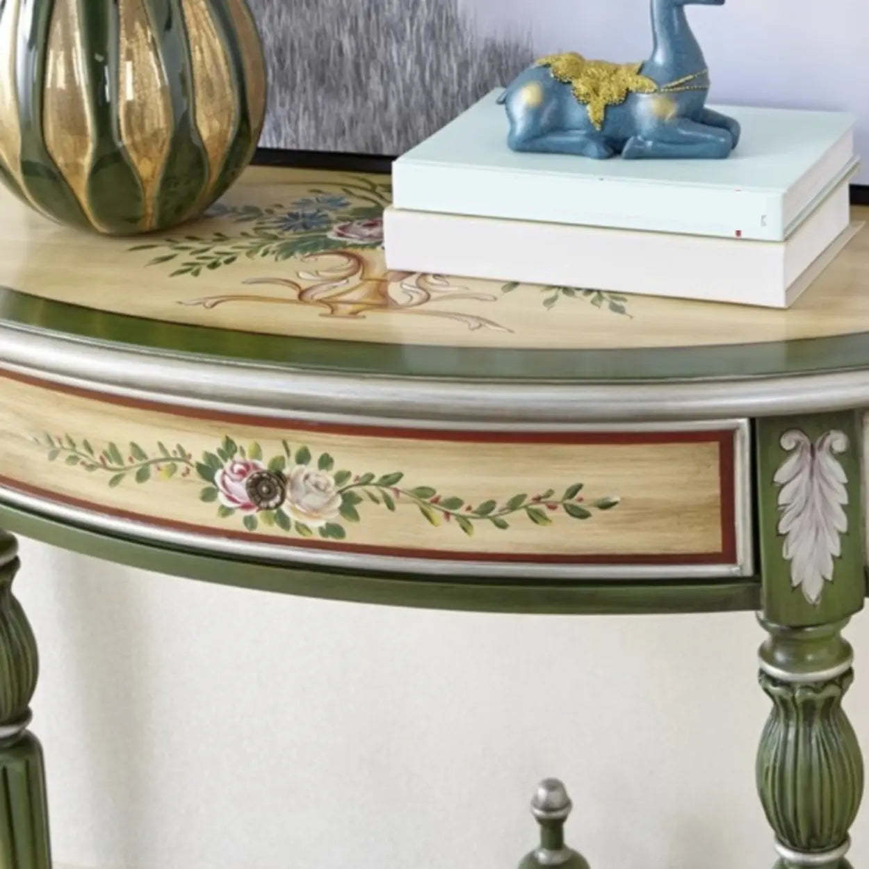 Decorative Half-Moon Floral Green Console Table with Storage
