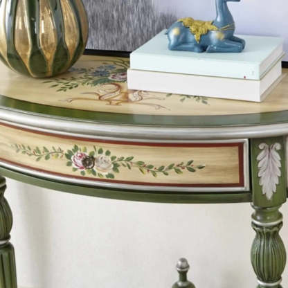 Decorative Half-Moon Floral Green Console Table with Storage