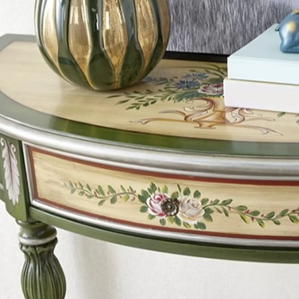 Decorative Half-Moon Floral Green Console Table with Storage