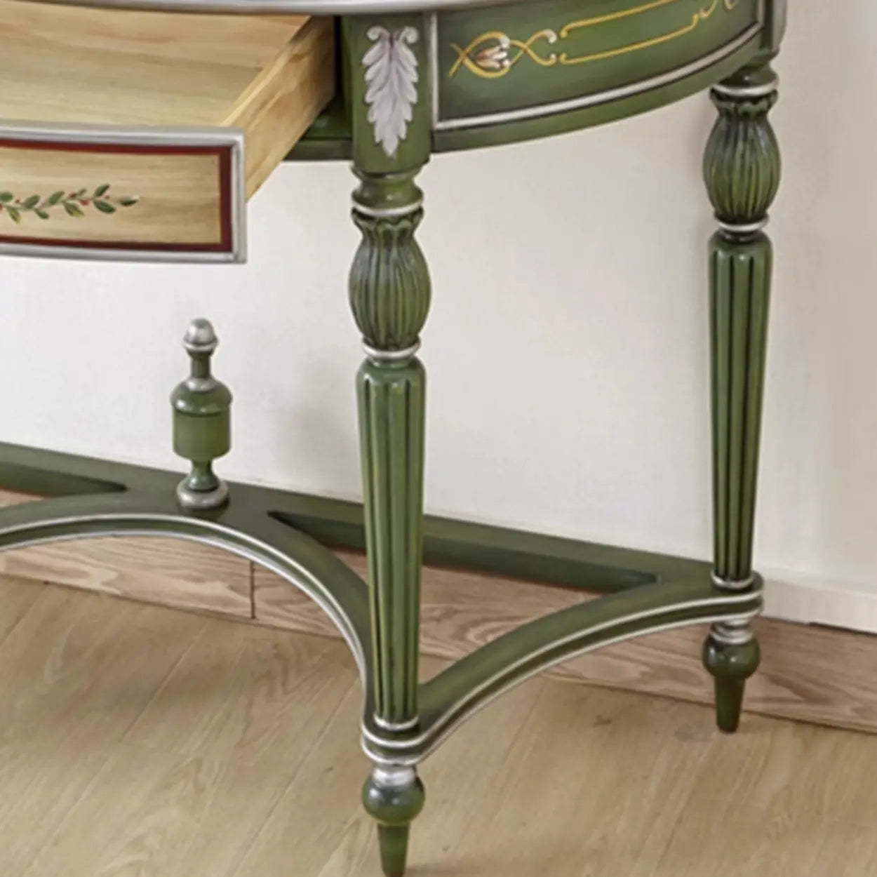 Decorative Half-Moon Floral Green Console Table with Storage