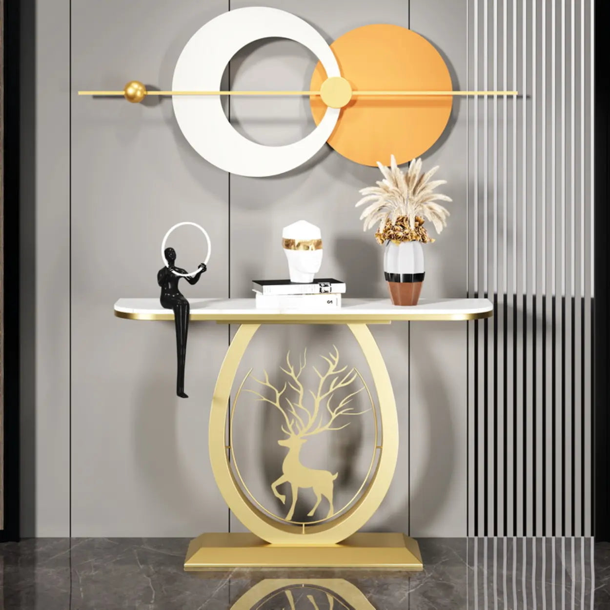 Oval Stone Console Table with Gold Deer Base