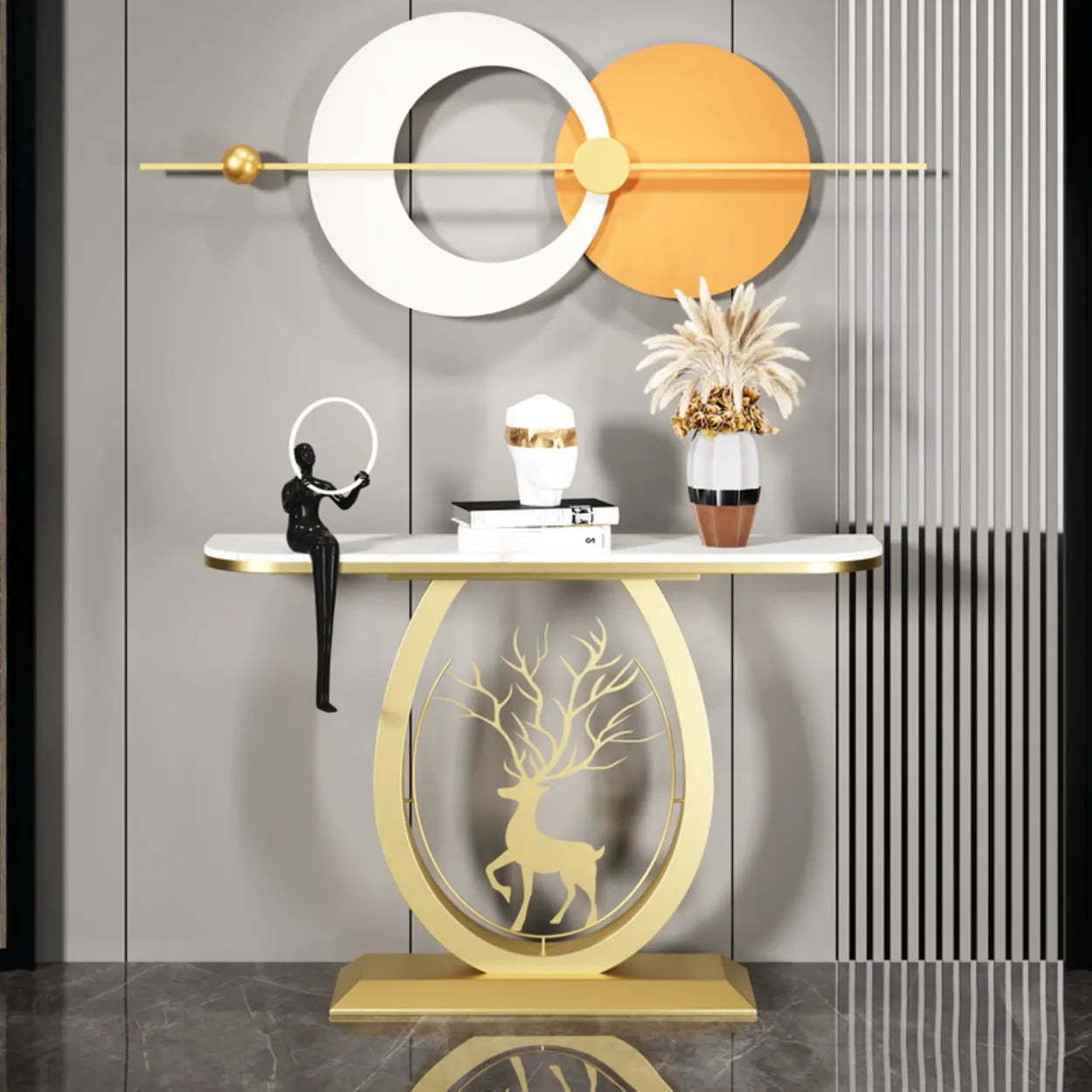 Oval Stone Console Table with Gold Deer Base — Black / Gray
