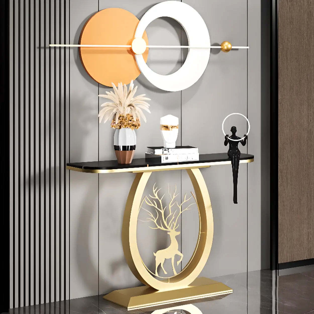 Oval Stone Console Table with Gold Deer Base — Black / Gray