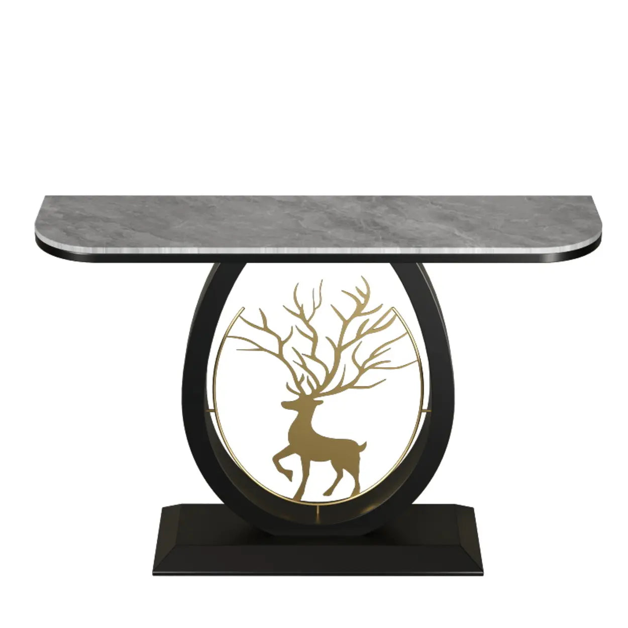 Oval Stone Console Table with Gold Deer Base — Black / White