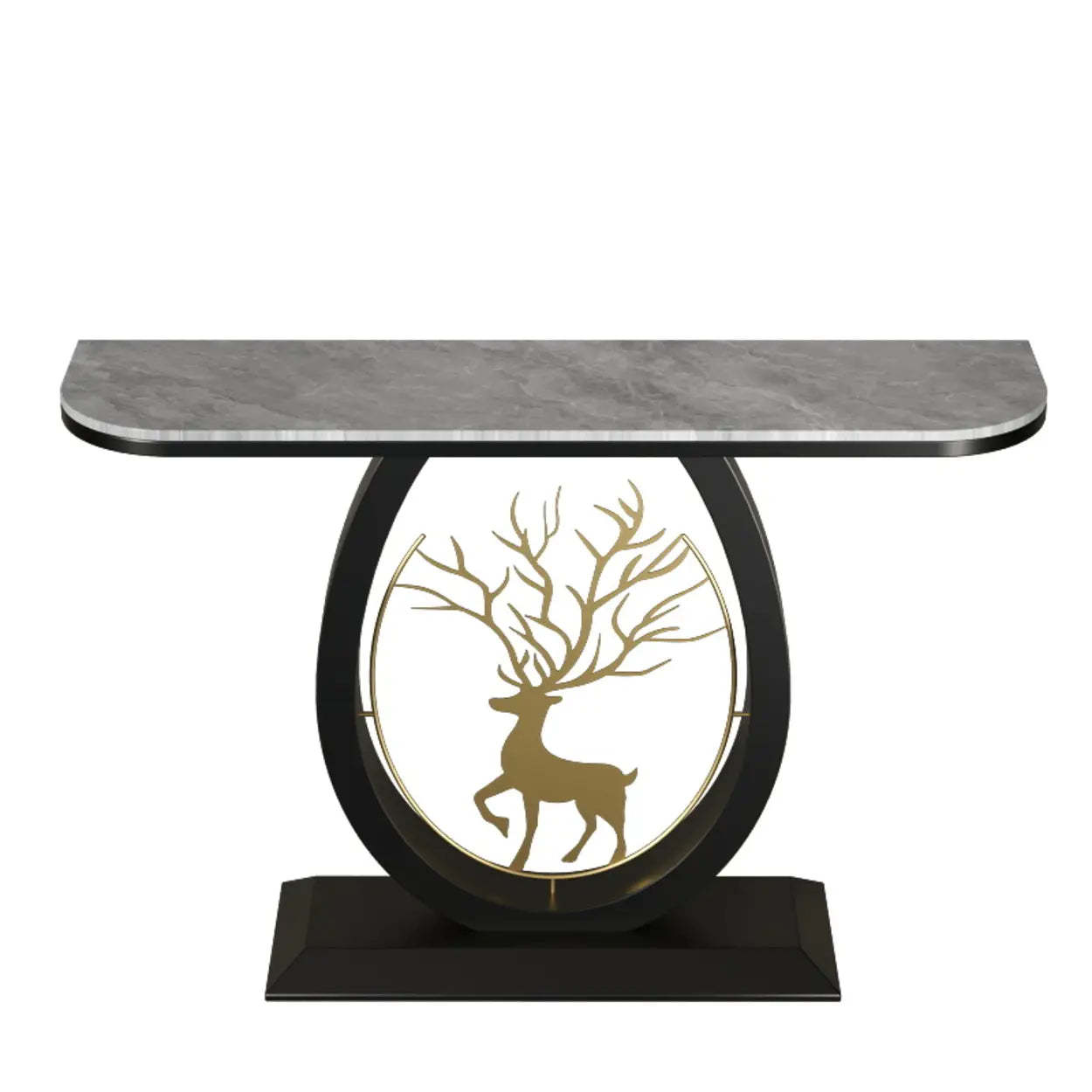 Oval Stone Console Table with Gold Deer Base — Black / White