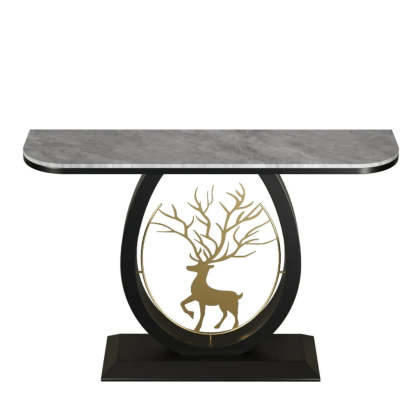 Oval Stone Console Table with Gold Deer Base — Black / White