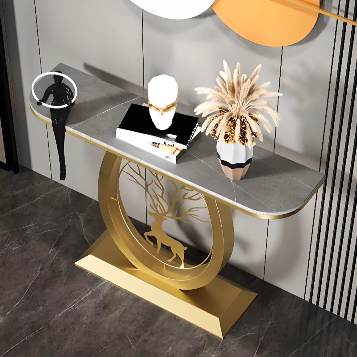 Oval Stone Console Table with Gold Deer Base — Black / Dark Grey