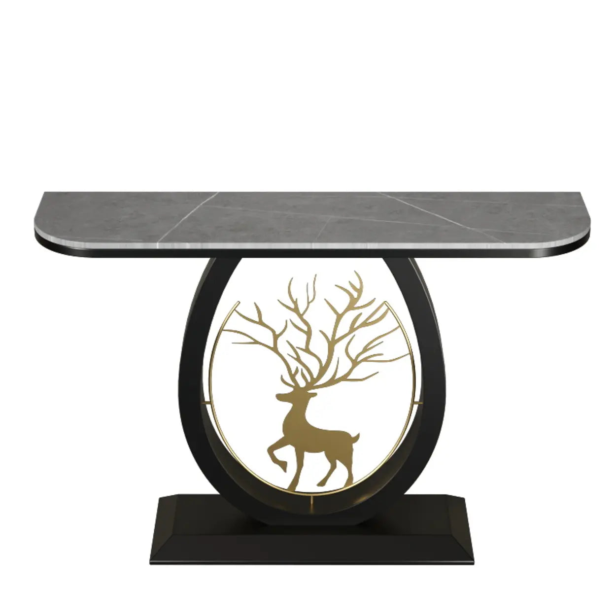 Oval Stone Console Table with Gold Deer Base — Black / Black/ Gold