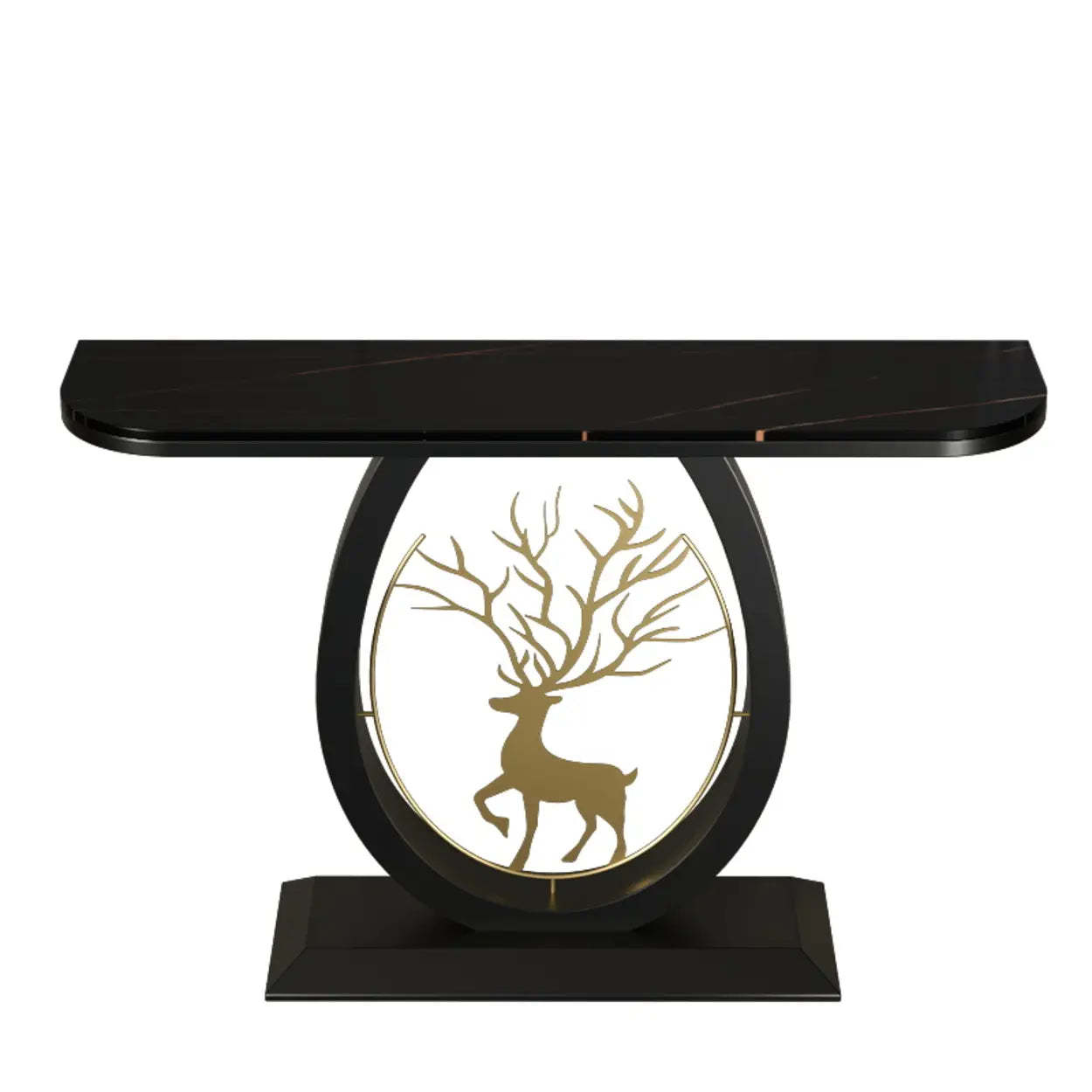 Oval Stone Console Table with Gold Deer Base — Gold / Gray