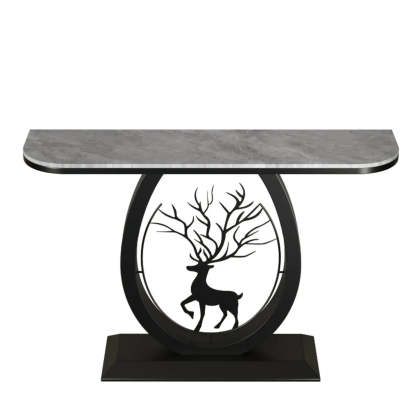 Oval Stone Console Table with Gold Deer Base — Gold / White