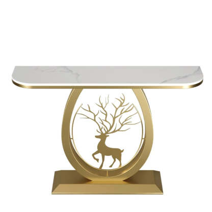 Oval Stone Console Table with Gold Deer Base — Black / White