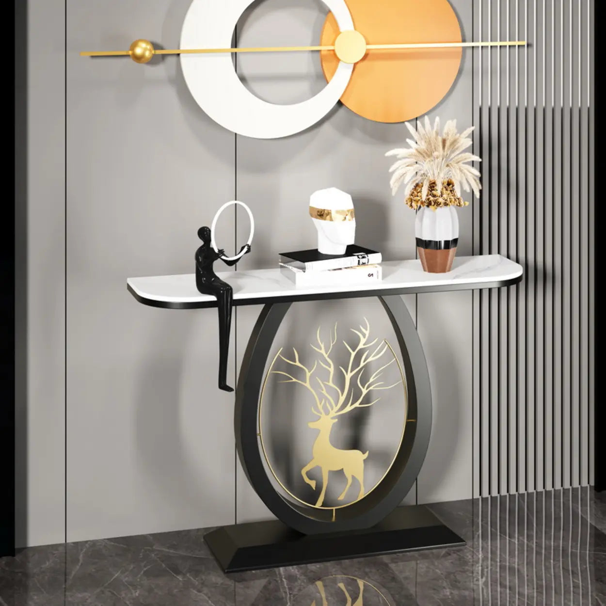 Oval Stone Console Table with Gold Deer Base — Black / Black/ Gold