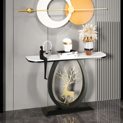 Oval Stone Console Table with Gold Deer Base — Black / Black/ Gold