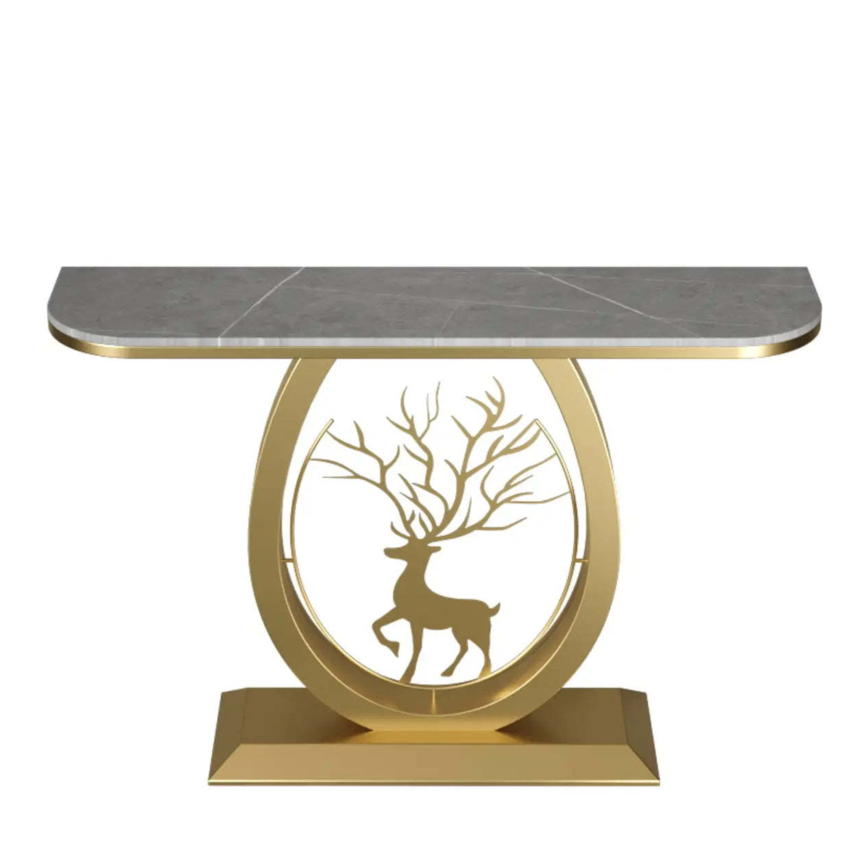 Oval Stone Console Table with Gold Deer Base — Gold / Gray