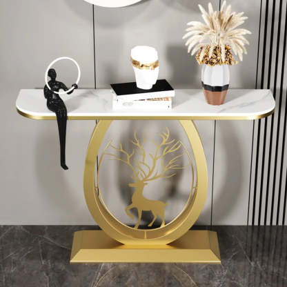 Oval Stone Console Table with Gold Deer Base — Gold / White