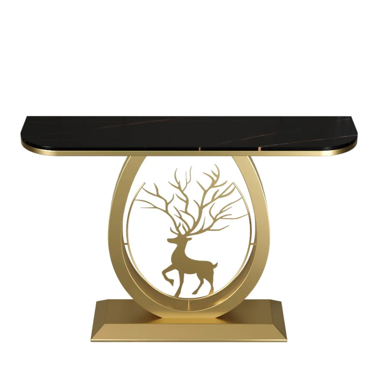 Oval Stone Console Table with Gold Deer Base — Gold / Dark Grey