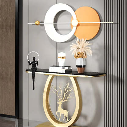 Oval Stone Console Table with Gold Deer Base — Gold / Black/ Gold
