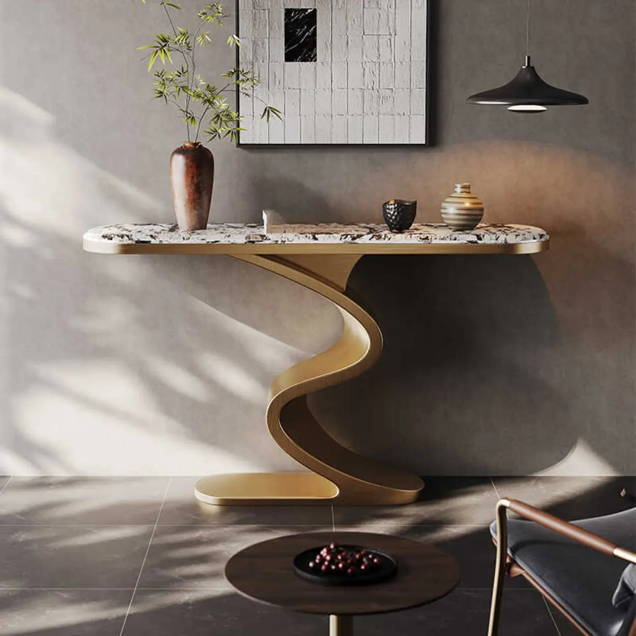 Decorative Oval Gold Stone Curved-Base Console Table