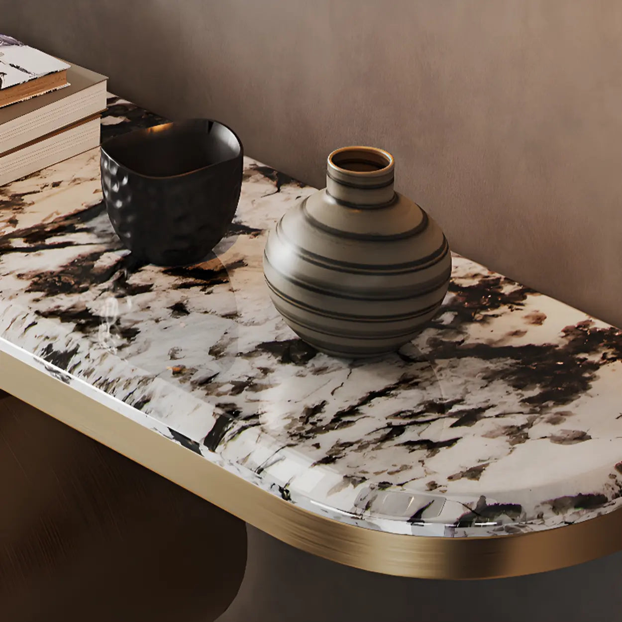 Decorative Oval Gold Stone Curved-Base Console Table