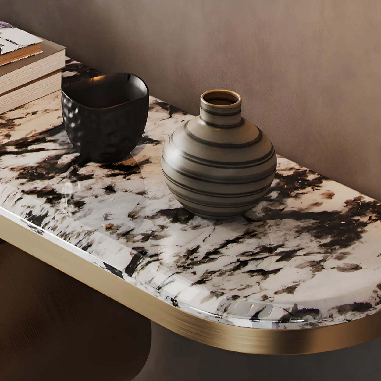 Decorative Oval Gold Stone Curved-Base Console Table