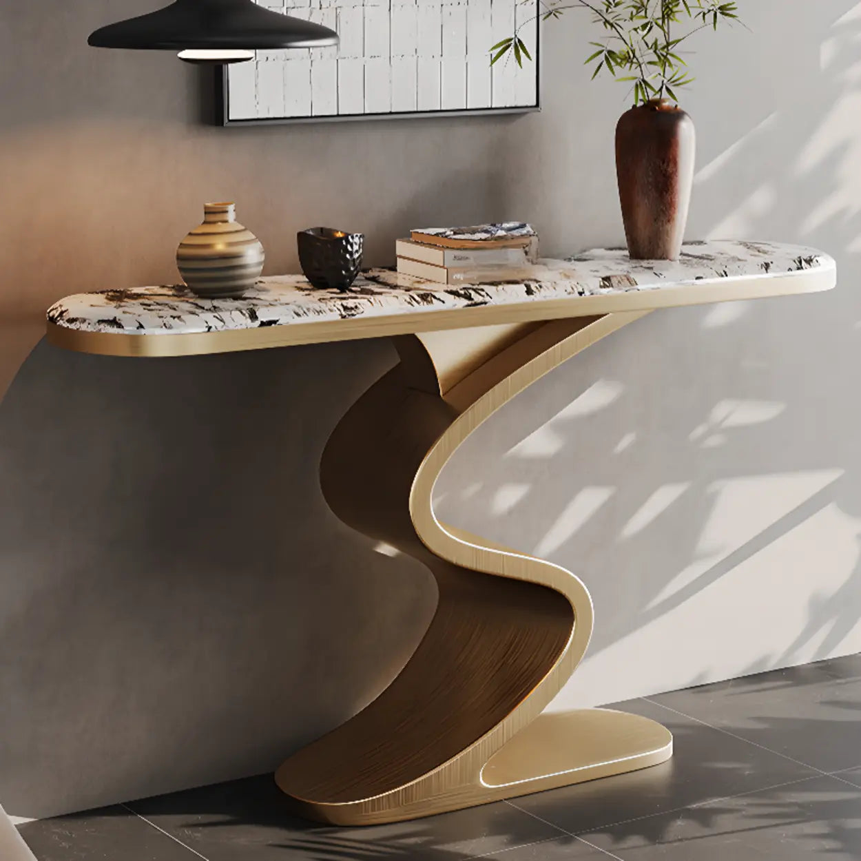Decorative Oval Gold Stone Curved-Base Console Table