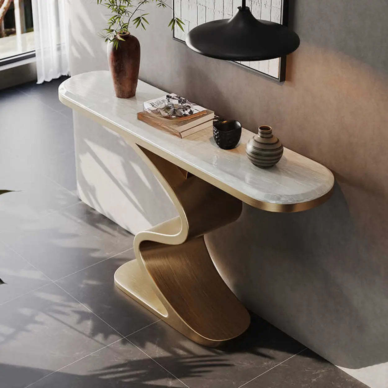 Decorative Oval Gold Stone Curved-Base Console Table — White
