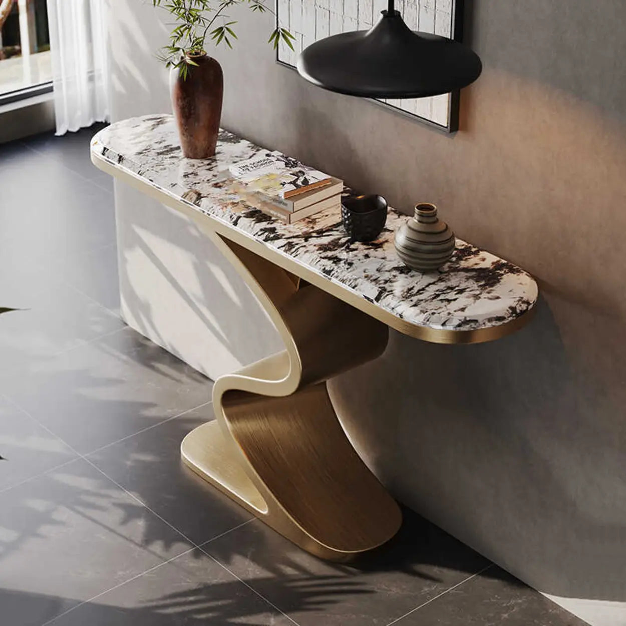 Decorative Oval Gold Stone Curved-Base Console Table — Floralwhite