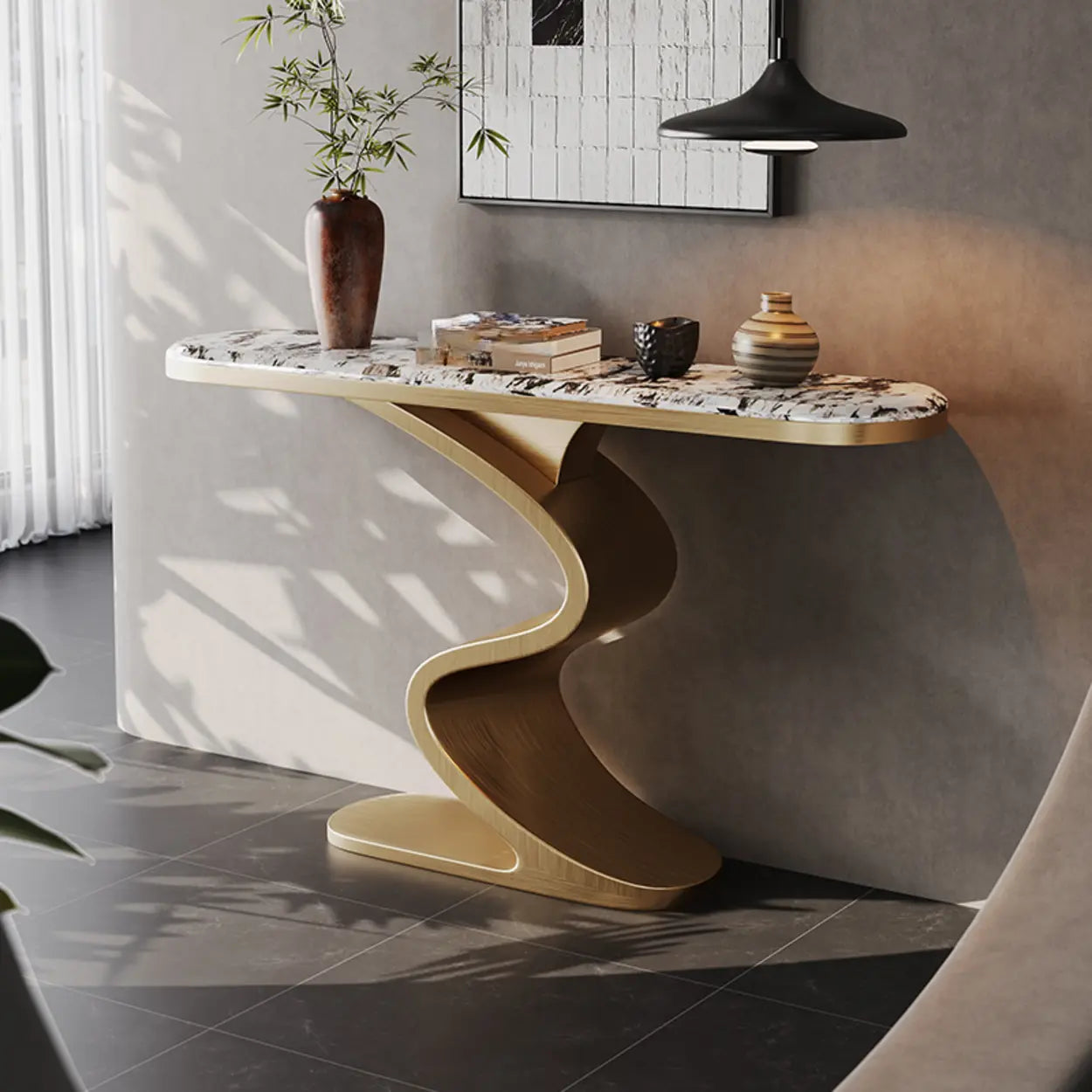 Decorative Oval Gold Stone Curved-Base Console Table — White
