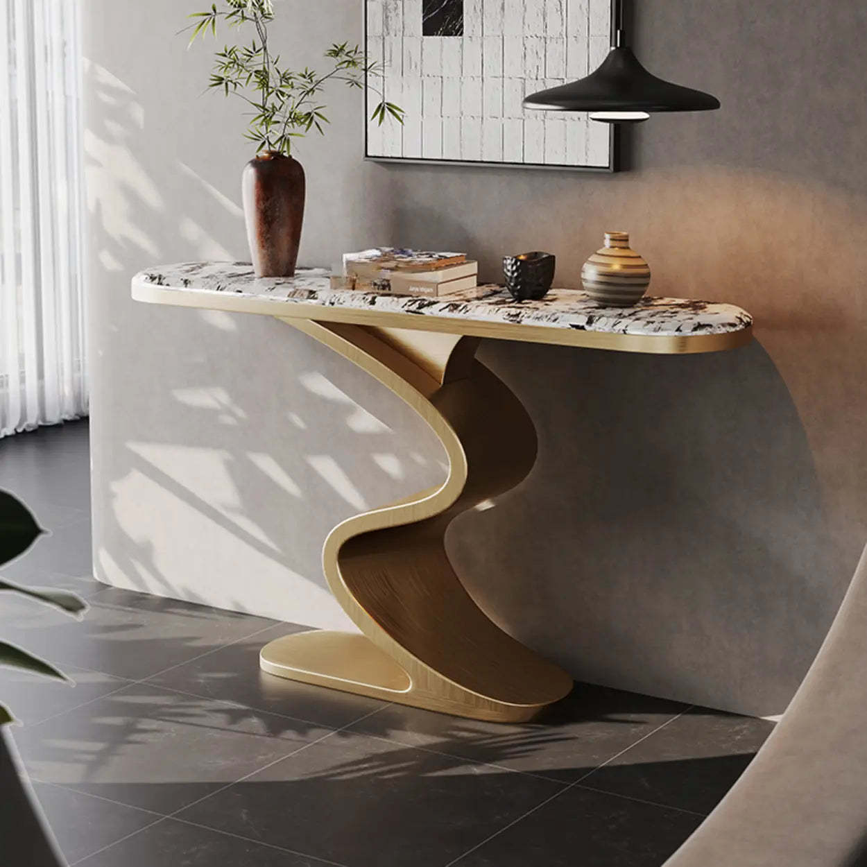 Decorative Oval Gold Stone Curved-Base Console Table — White